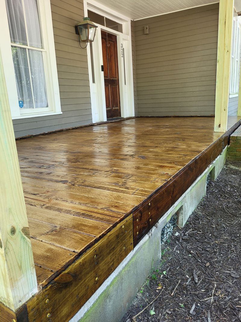 Porch side view with natural wood finish